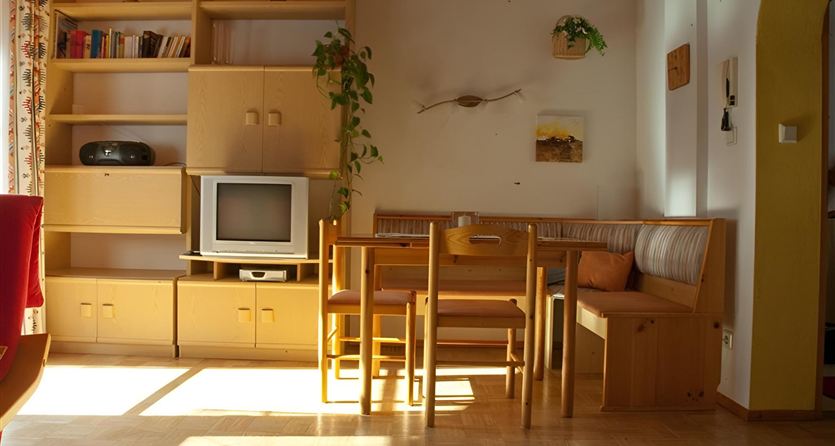 Ein gemütlicher Raum mit einem Esstisch und Stühlen sowie einem Wohnzimmer mit Sofas und einem Fernseher. Sonnenschein fällt durch das Fenster und beleuchtet die Möbel.