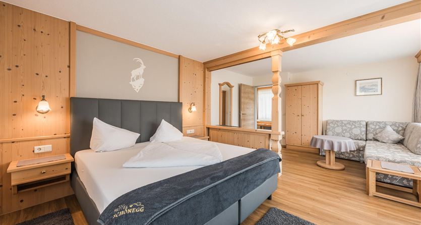 Una camera d'hotel accogliente con un letto matrimoniale e rivestimenti in legno. L'attrezzatura include un'area salotto e uno specchio.