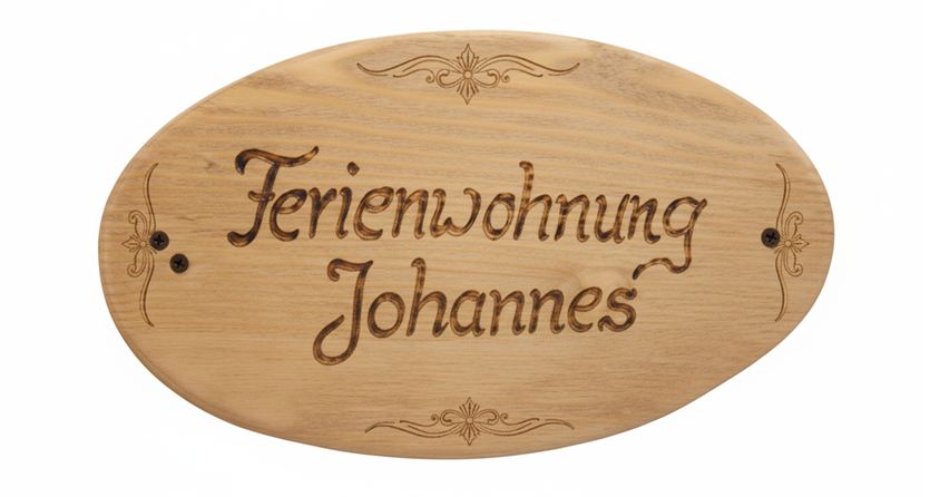 Ein ovales Holzschild mit der Aufschrift „Ferienwohnung Johannes“. Das Schild hat eine dekorative Gestaltung und ist in warmen Holztönen gehalten.
