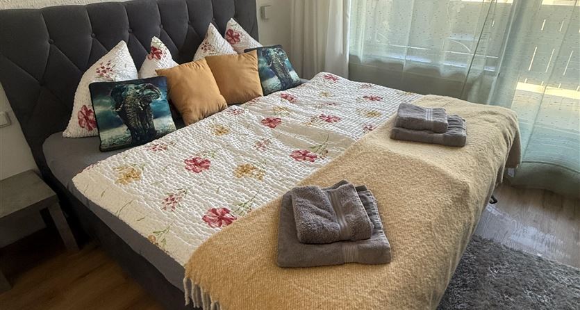 Een gezellige slaapkamer met een groot tweepersoonsbed en kleurrijke kussens. Grote ramen zorgen voor veel daglicht en een uitzicht naar buiten.