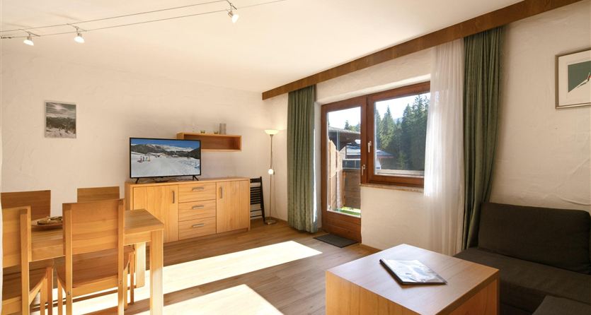 A cozy living room with a dining table, a sofa, and a TV. Large windows provide plenty of daylight and a view of the outdoors.