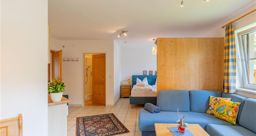 Ein gemütliches Zimmer mit blauem Sofa und Holzdekor. Das helle Ambiente schafft eine einladende Atmosphäre.