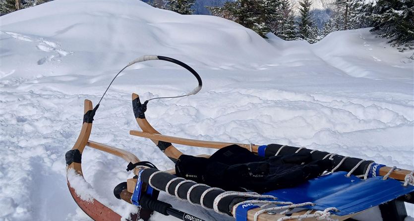 Ein Schlitten liegt im schneebedeckten Gelände. Im Hintergrund sind Bäume und Berge sichtbar.
