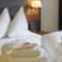 A modern hotel room with a double bed and several pillows. The walls are in neutral colors and the room has large windows with curtains.