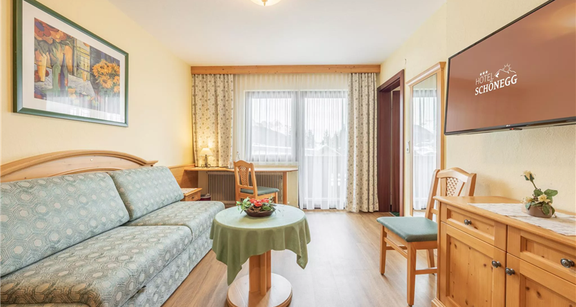 Un soggiorno accogliente con un divano (letto aggiuntivo) e una televisione.  <br/>Grandi finestre lasciano entrare molta luce e offrono una vista verso l'esterno.