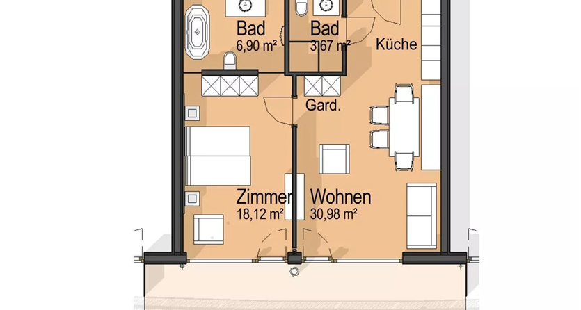Apartment, shower and bath tub, 1 bed room