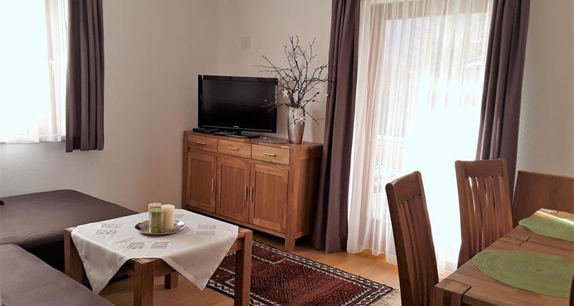 A cozy living room with a sofa, a television, and a wooden table. Large windows let in plenty of daylight and create a pleasant atmosphere.