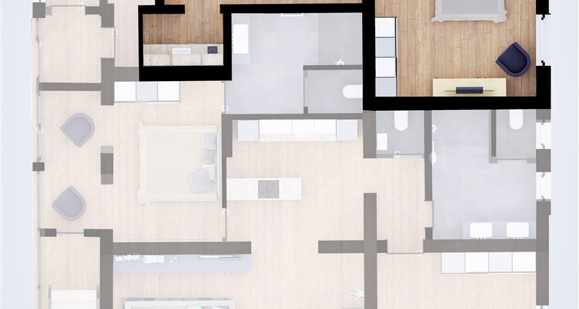 Eine moderne Grundrissskizze einer Wohnung. Die Räume sind klar dargestellt, einschließlich Schlafzimmer, Wohnzimmer und Küche.