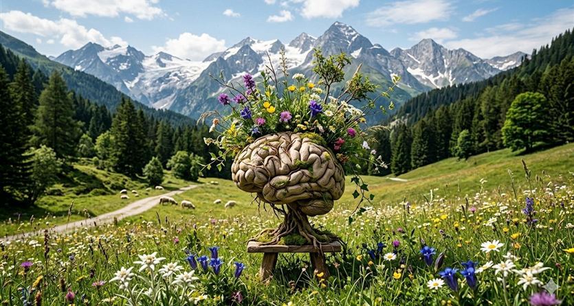 A creative artwork of a brain adorned with colorful flowers. In the background, majestic mountains and a blooming meadow can be seen.