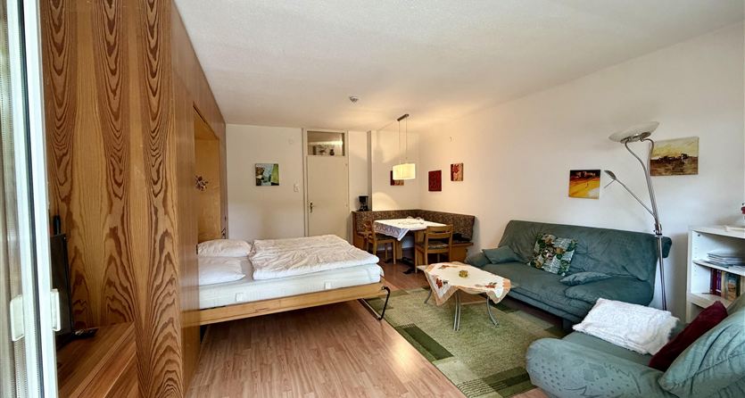 Een gezellige woonkamer met een uitschuifbaar kastbed, een bank en een tafel. De muren zijn versierd met foto's en de vloer is van hout.