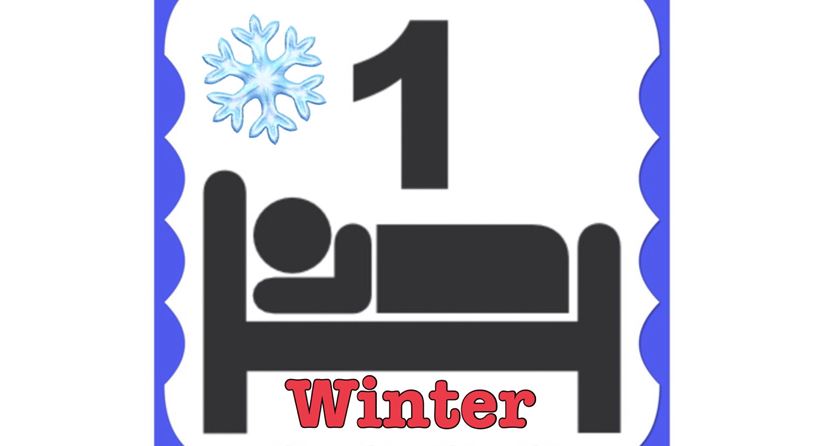 Een symbool voor de winter met een sneeuwvlok en het cijfer één. Het toont een liggend persoon op een bed.