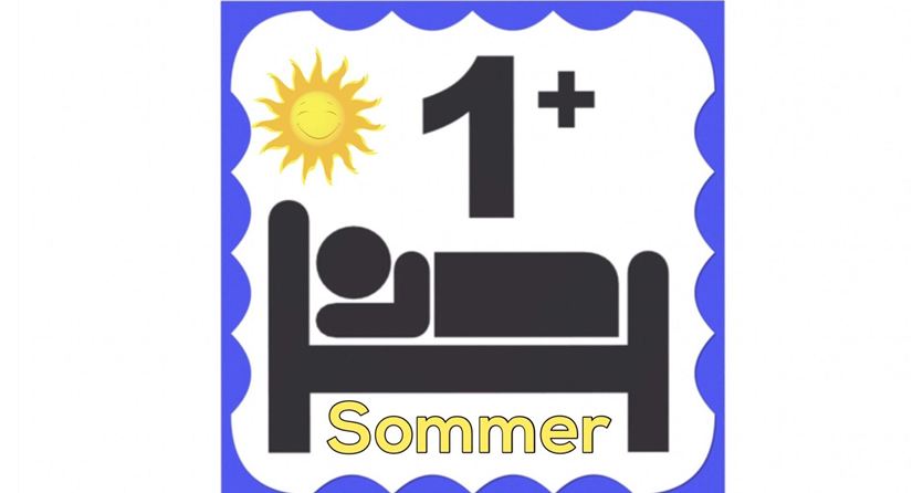 A symbol with a sun, a person in bed, and the number 1+. It represents summer and indicates a relaxing atmosphere.