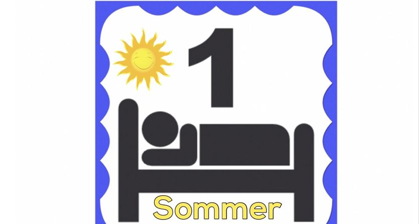A bed with a lying person symbolizes rest. Above it shines a sun, and the number one as well as the word "summer" can be seen.