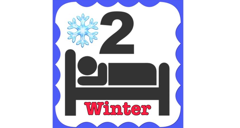 Ein Symbol für Winter mit einer Schneeflocke und einer liegenden Person im Bett. Die Zahl „2“ deutet auf eine zweite Schlafphase hin.