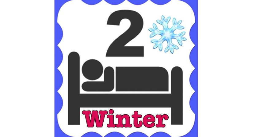 Ein Symbol mit der Zahl 2, einem Bett und einer schlafenden Person. Dazu das Wort "Winter" und eine Schneeflocke dargestellt.