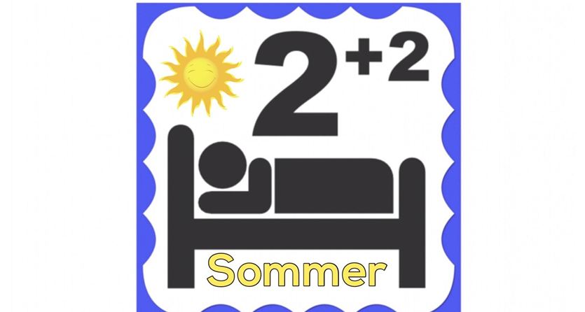 A simple symbol for summer vacation with a bed and the number 2+2. It conveys a relaxed atmosphere for two people and two additional guests.