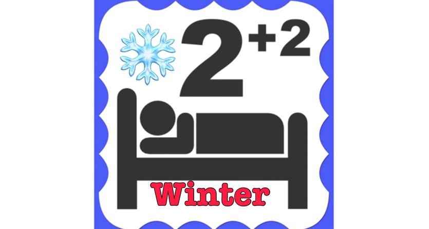 Een symbool met een bed en een sneeuwvlok. De tekst "2+2" en "Winter" toont een kalme winterse sfeer.