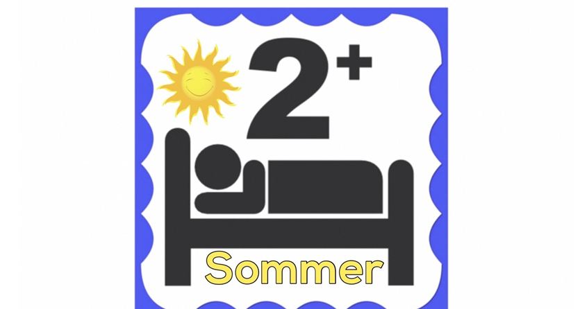 A symbol with a sun and a person lying in bed. The text "2+ Summer" suggests a summer vacation.