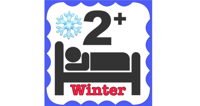 Een symbool voor de winter met een sneeuwvlokachtige grafiek en een persoon in bed. Het getal "2+" wijst op extra comfortopties.