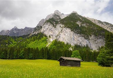 Leutasch meadows with mountain hut