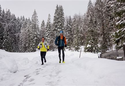 Wintertrailrunning in der Region Seefeld - Zwei Läufer auf Winterwanderweg mit Wald im Hintergrund.jpg