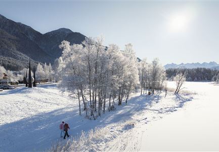 Winterwandern in der Region Seefeld_Drohnenaufnahme_Mann und Frau laufen entlang des Ufers des Wildsees (1).jpg